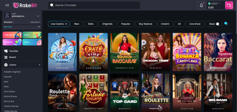 Rakebit live casino as seen when testing