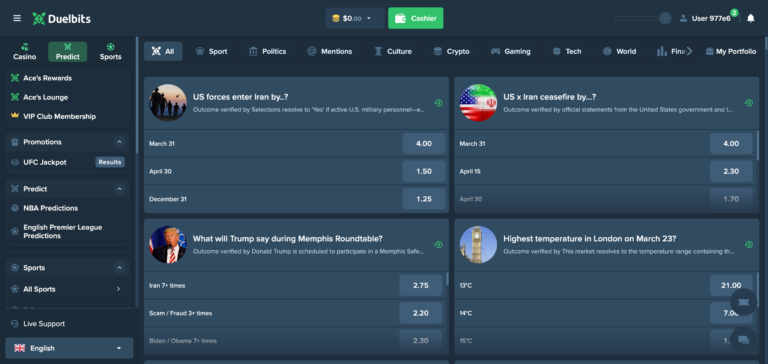 Duelbits prediction market as seen in testing