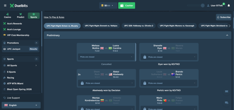 Duelbits sport betting as seen when testing