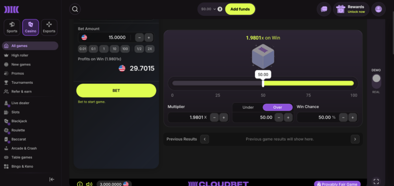 cloudbet dice game as seen when testing