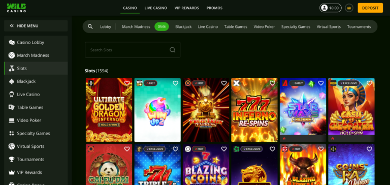 Wild Casino has about 1500+ slot games as seen in testing