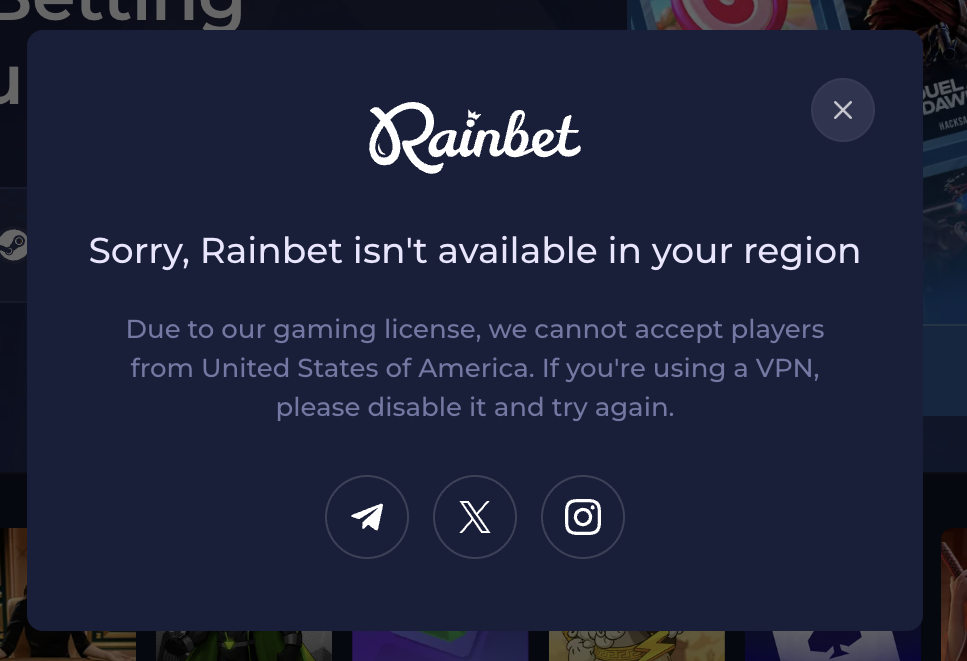Rainbet not available in US as seen when tested