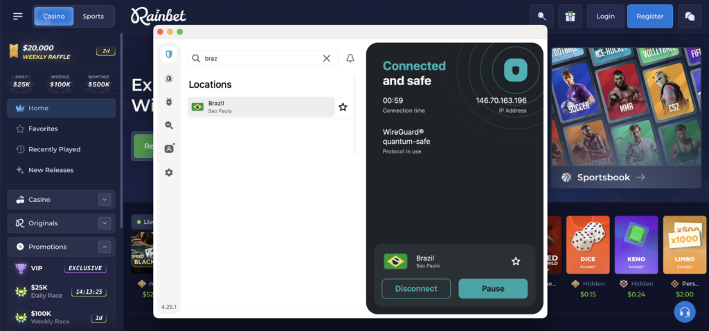 Using Rainbet with a VPN test