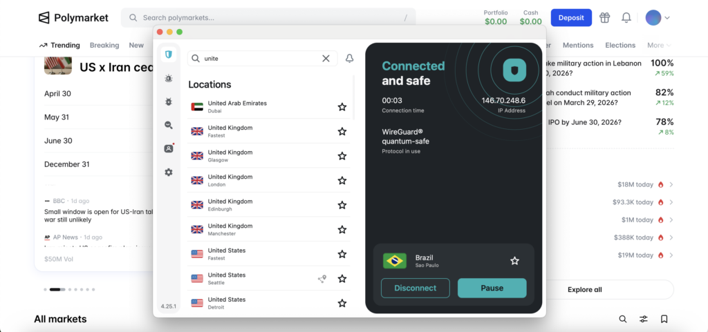 Polymarket being used with Surfshark VPN