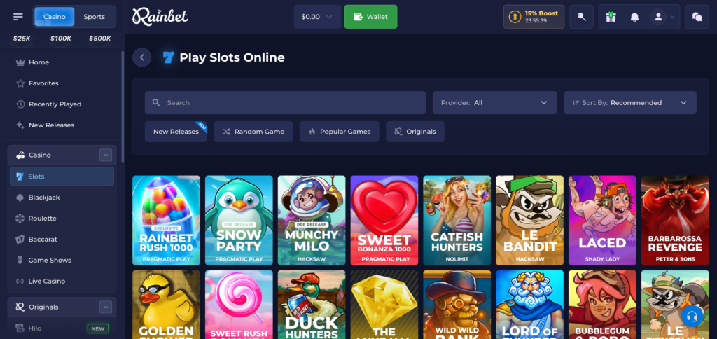 All Rainbet casino slot games as seen when testing