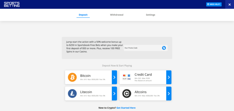 SportsBetting deposit method as seen when testing