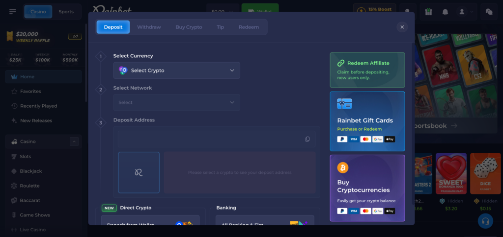 Deposit Crypto on Rainbet showing deposit method