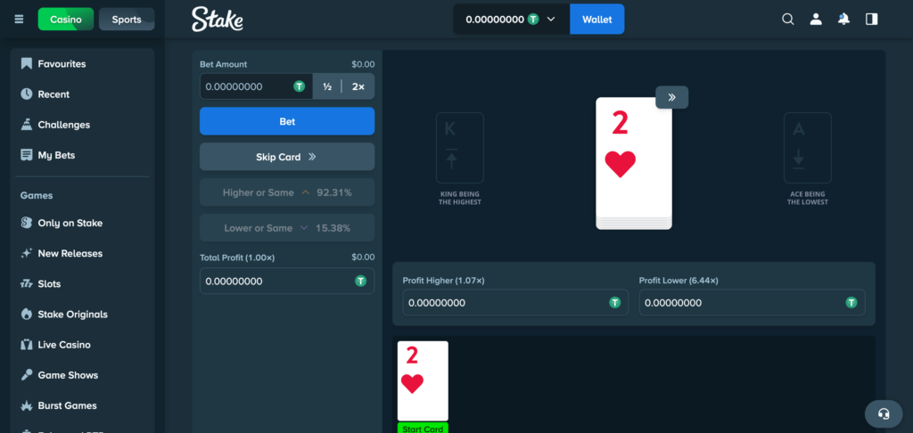 Hi lo gameplay on stake 