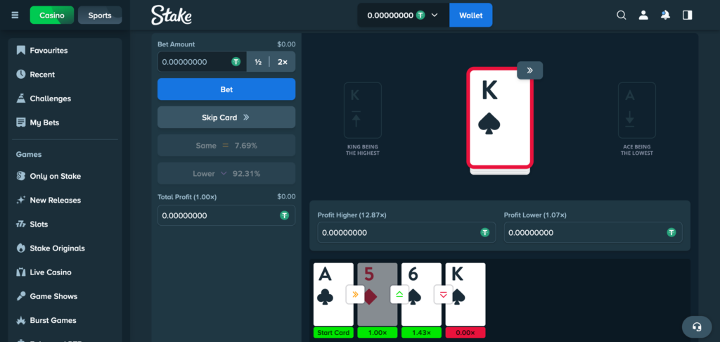 Hi lo gameplay on stake 