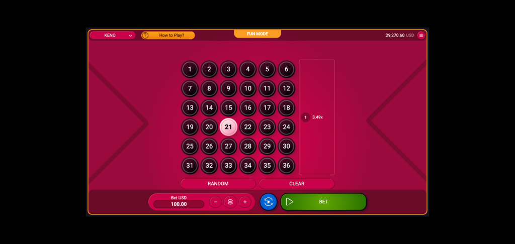 Keno gameplay by Spribe