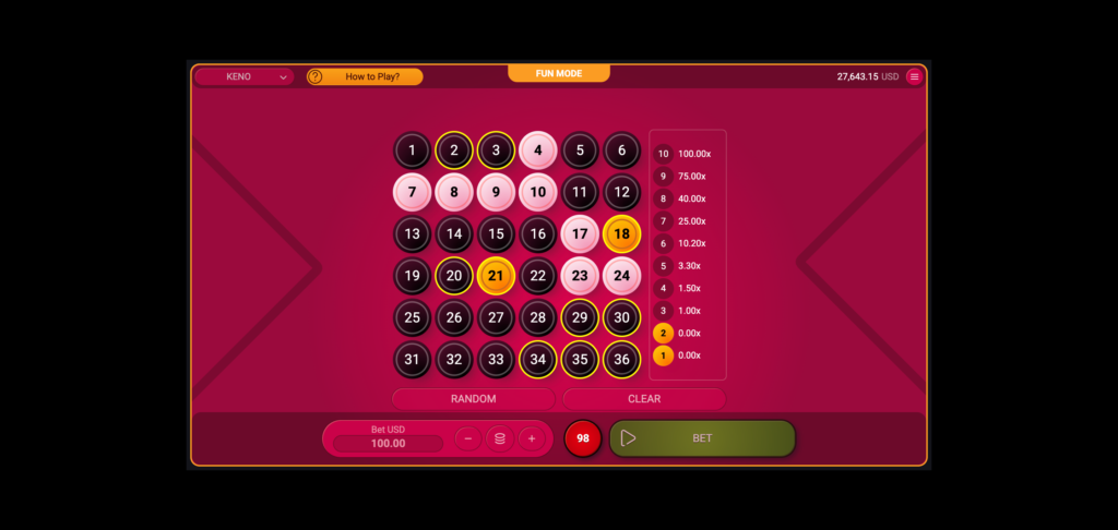 Keno gameplay by Spribe