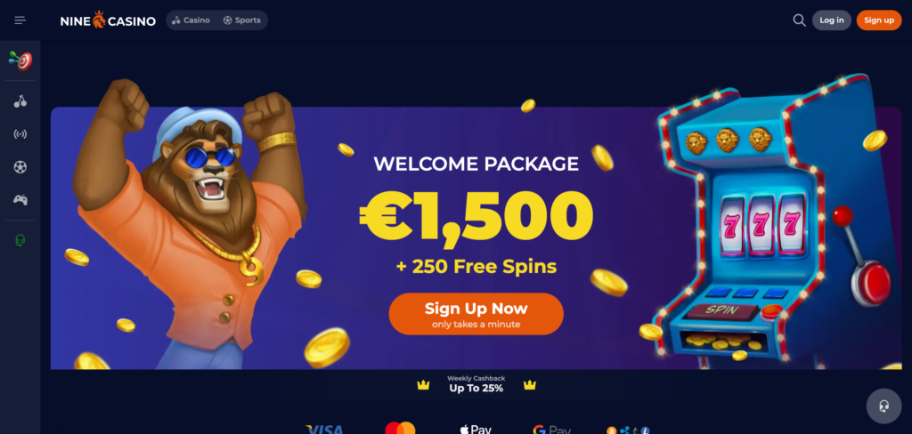 Nine Casino home page as seen when testing