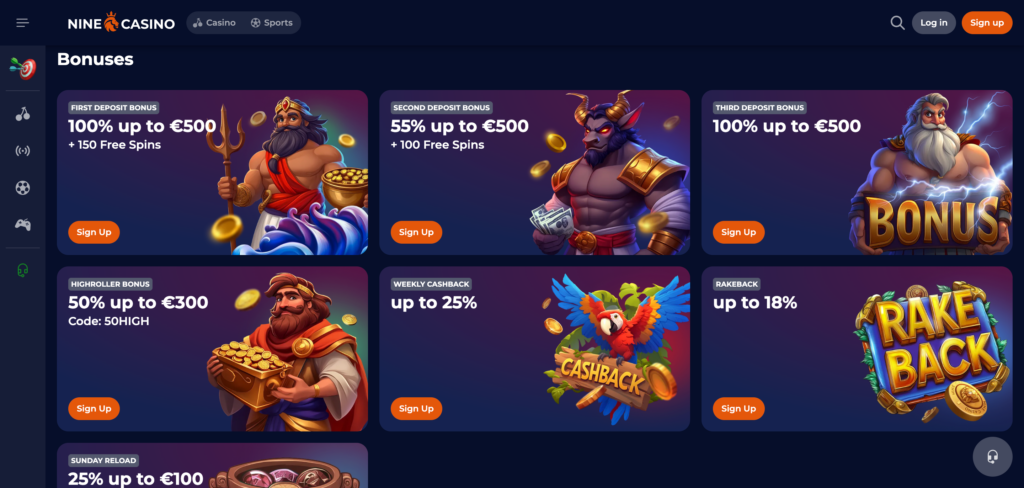 Nine Casino promotions as seen when testing