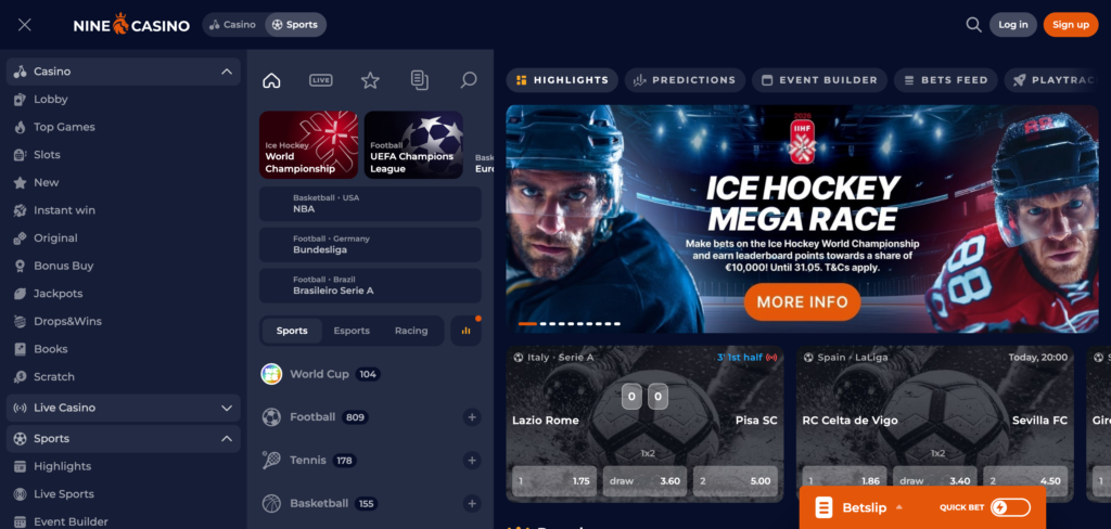 Nine Casino sportsbook as seen when testing