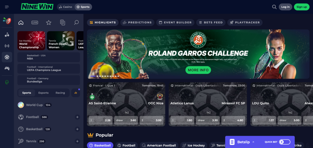 Ninewin sportsbook as seen when testing