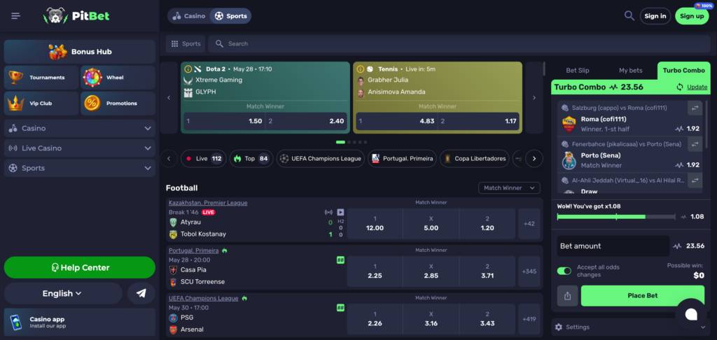 PitBet sportsbook as seen when testing