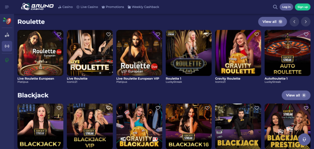 BrunoCasino live casino as seen when testing