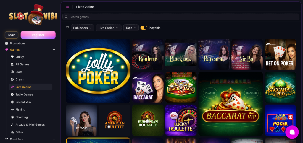 SlotVibe live casino as seen when testing